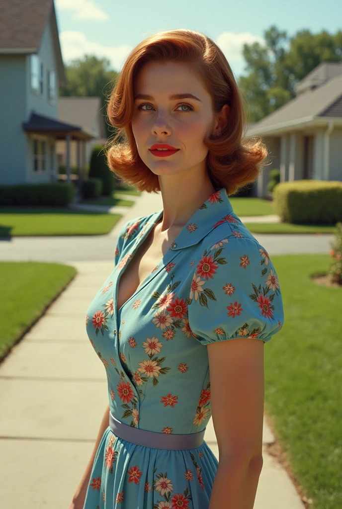 American woman in blue floral dress. in the year 1960