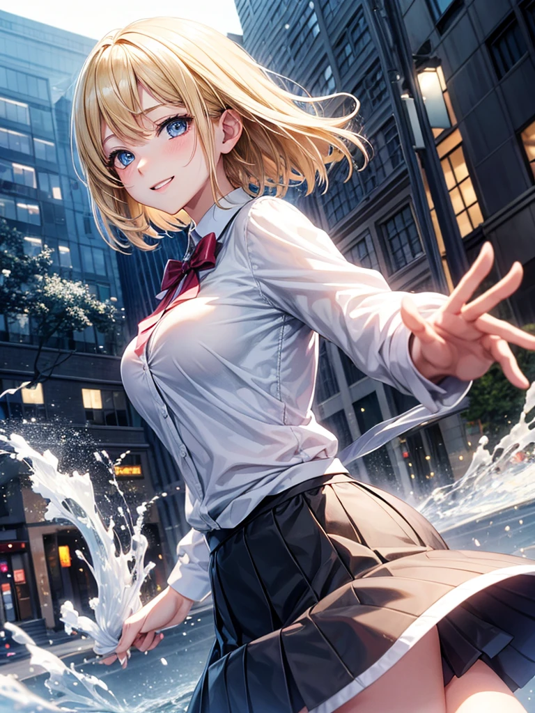 Anime style, super fine illustration, highly detailed, beautiful detailed, pale tone image, static representation, gentle expression, happy expression, 8k, pretty 1girl with blonde straight short hair & blue eyes & a bright smile & full bust & soft fair skin is wearing big white business shirt not to show her skin & black tight skirt & 1business bag, on the business building street, in the morning, brilliant particles of lights, happy stories, romantic stories, solo, perfect fingers, perfect arms, perfect legs, masterpiece.