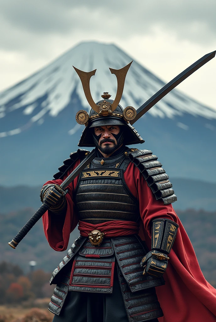 Samurai holding katana high with his face turned towards me in front of Mount Fuji