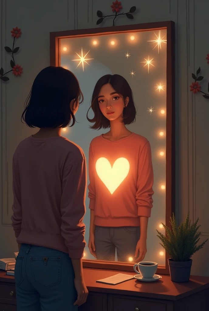 Design an image of a person standing in front of a mirror in a softly lit room. The reflection shows not just their face but a glowing heart at their chest, symbolizing the good they hold inside. The mirror is framed by small twinkling stars representing their inner strength and potential. Surrounding them are simple everyday objects like a cup of coffee, a book and a potted plant, symbolizing the simple things that can bring joy and change to their day. The overall mood should be warm and introspective.