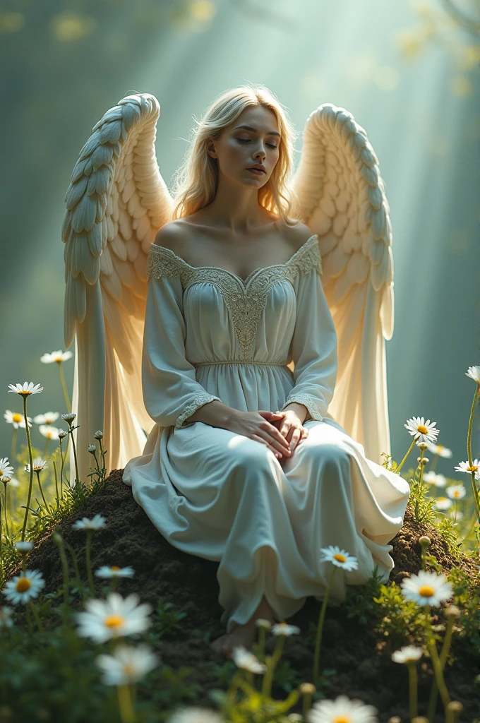 a statue of an angel sitting on top of a pile of dirt, beautiful fantasy art portrait, !!natural beauty!!, by Anne Stokes, portrait of the death angel, !!! colored photography, discord profile picture, very beautiful photo, where being rest in peace, seraphim, lying on a bed of daisies