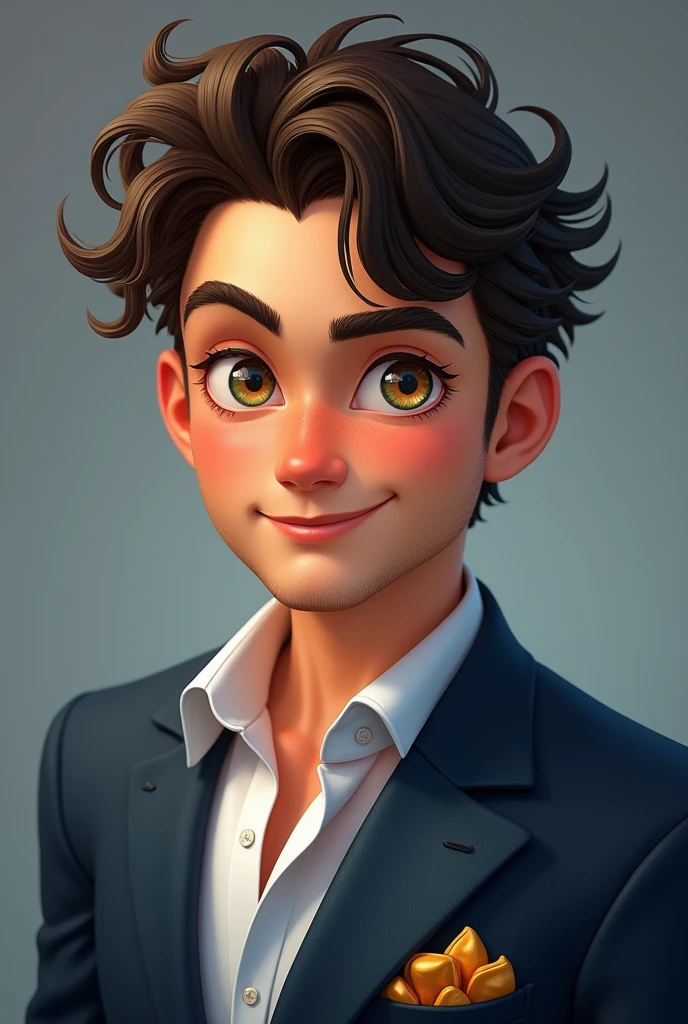 charlzcjm, Headshots, (jack charlzcjm, bright brown green eyes), (curly haircut with low fade:1.14), (Sunburned skin, 5 o'clock shadow) ((Grinning, Luster)), face detailed, detailed iris, fleshy lips, ((cute, wearing a modern and luxurious dark navy blue suit, pocket handkerchief, Luster, wavy faded haircut)), ((fundo cinza, symmetrical facial features)), details Intricate, studio lighting, 80mm, portraite, Shallow depth of field, CEO, Grinning, glad