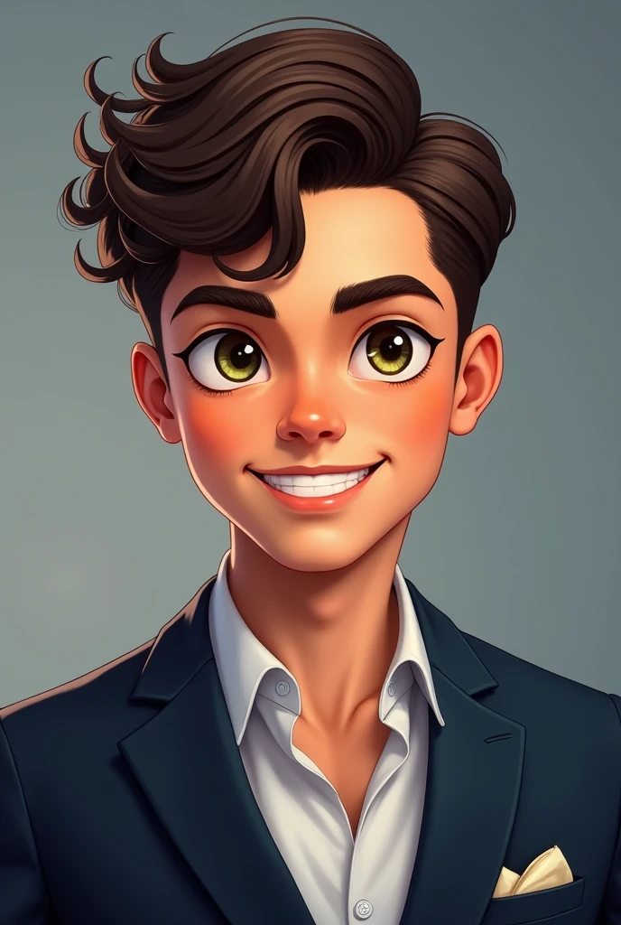 charlzcjm, Headshots, (jack charlzcjm, bright brown green eyes), (curly haircut with low fade:1.14), (Sunburned skin, 5 o'clock shadow) ((Grinning, Luster)), face detailed, detailed iris, fleshy lips, ((cute, wearing a modern and luxurious dark navy blue suit, pocket handkerchief, Luster, wavy faded haircut)), ((fundo cinza, symmetrical facial features)), details Intricate, studio lighting, 80mm, portraite, Shallow depth of field, CEO, Grinning, glad