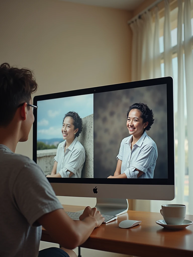 A split screen shot showing the image before and after the editing process. The camera captures the entire screen with a clear view of the improvements, highlighting the restored and enhanced photo. The shot should convey the transformation and the care taken in preserving the memory.