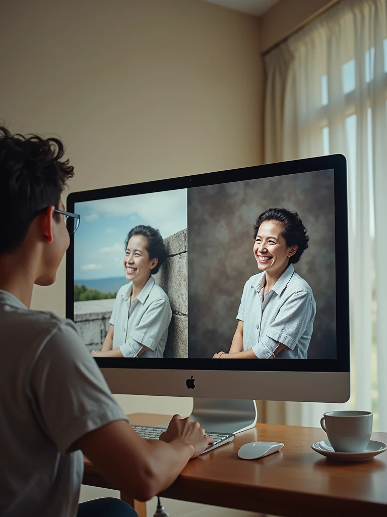 A split screen shot showing the image before and after the editing process. The camera captures the entire screen with a clear view of the improvements, highlighting the restored and enhanced photo. The shot should convey the transformation and the care taken in preserving the memory.