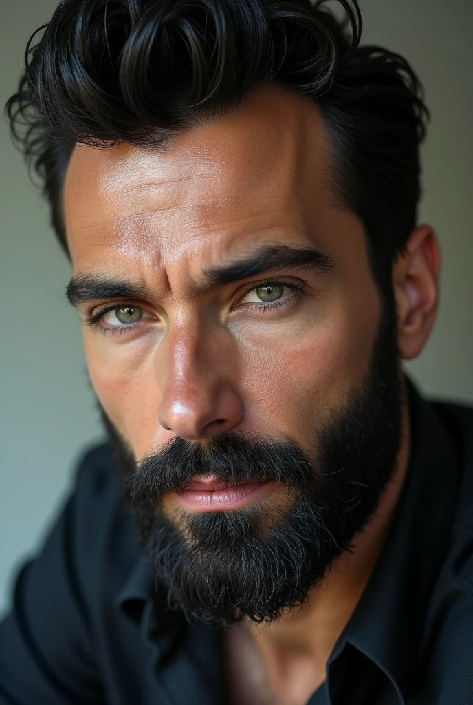 Face of man, green eyes, black hair, black short beard, realistic, ultra realistic