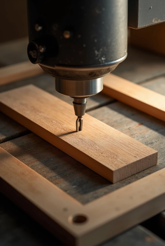  rectangular wooden plank placed in a square while being cut by a machine