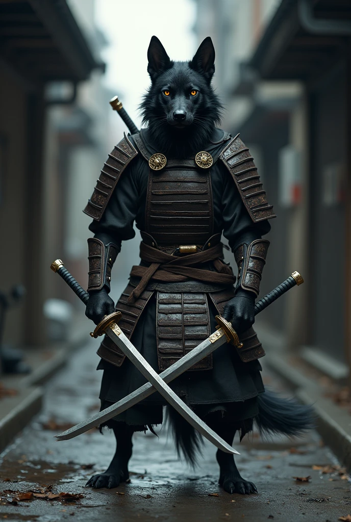 Black stray dog dressed as a samurai with drawn swords
