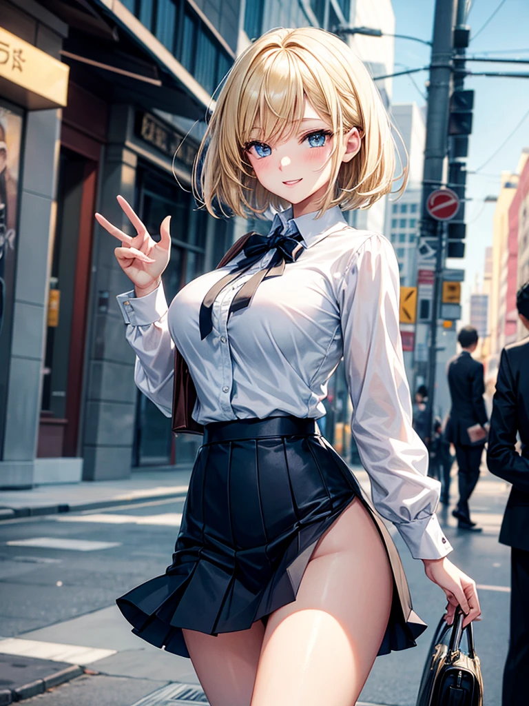 Anime style, super fine illustration, highly detailed, beautiful detailed, pale tone image, static representation, gentle expression, happy expression, 8k, pretty 1girl with blonde straight short hair & blue eyes & a bright smile & full bust & soft fair skin is wearing big white business shirt not to show her skin & black tight skirt & 1business bag, on the business building street, in the morning, brilliant particles of lights, happy stories, romantic stories, solo, perfect fingers, perfect arms, perfect legs, masterpiece.