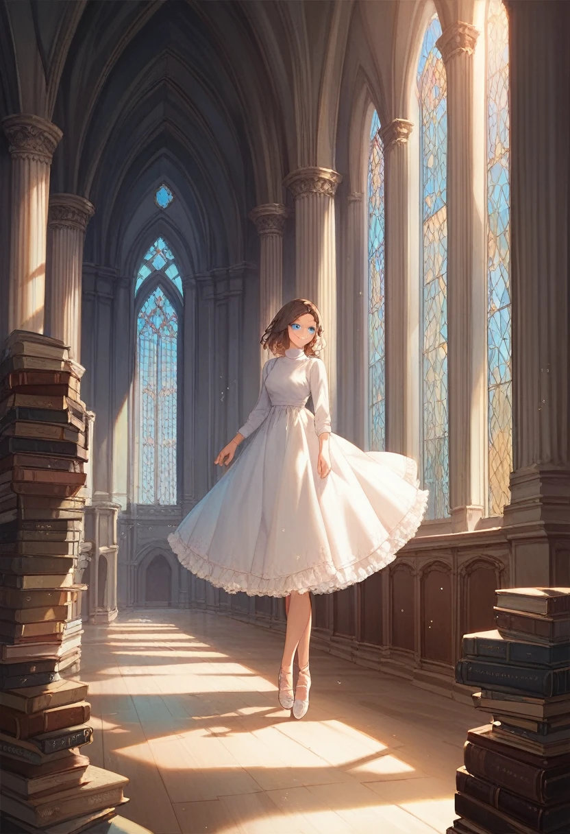 1 girl, brown hair, blue eyes, grey turtleneck, shirt, ballerina flat shoes, smile, study, mansion, amazing scenery, books, intricate detail, beutiful lighting, amazing decorations, masterpiece