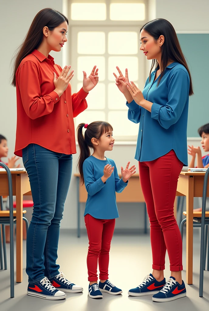 Two teachers, one being the deaf sign language instructor wearing a red blouse, jeans and blue and red sneakers and the other sign language translator wearing a blue blouse, red pants and red and blue sneakers teaching a 5 year old deaf girl Libras wearing a blue blouse, red pants and blue and red sneakers at school 