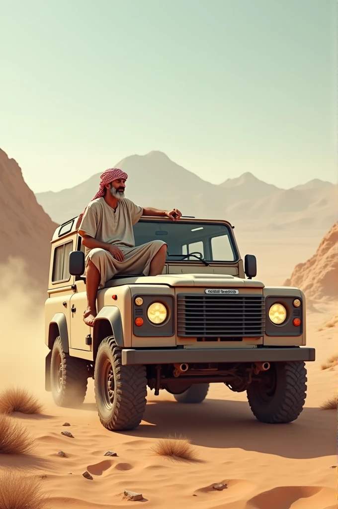 a 30 year old arab man, wearing a hat sitting on a jeep, view of the barren land