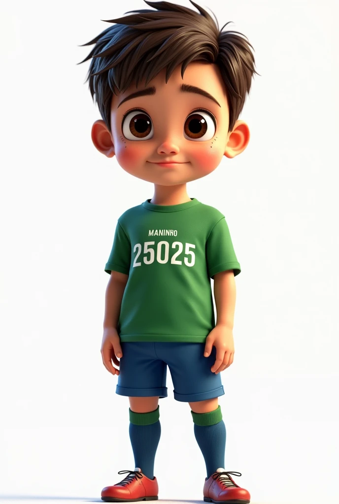a character in standing pose, hyper-realistic, 1 boy, small black detailed eyes, beautiful big lips, extremely detailed face, large and tapered chin, brown hair, green t-shirt with the name MANINHO and below the name MANINHO the number 25025 printed, blue pants, knee-high socks, football player style, intricate details, volumetric lighting, dramatic chiaroscuro, cinematic lighting, award-winning digital art, masterpiece, high quality, 8k, photorealistic, studio lighting, physically based rendering, vibrant colors, warm color palette, pixar style, disney. white background