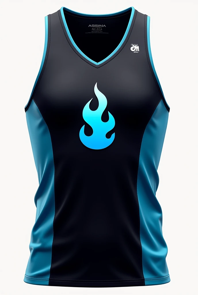 V-neck running tank top, Black with blue flame type logo in the center that says GOAT SM SPORT, On the sides a light blue color and on the edge a dark blue color