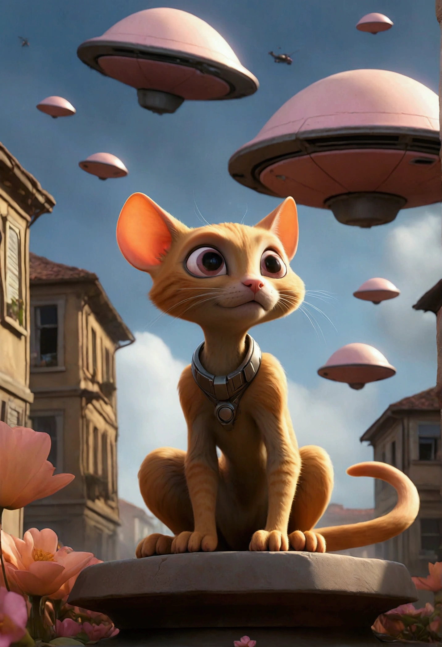 As dawn breaks over the town, the sky begins to lighten with soft hues of pink and orange. The aftermath of the battle is evident—alien rats retreat into their glowing spacecrafts, which are now damaged and sparking, as they take off into the sky. Moka, the orange-furred cat, stands victorious in the middle of the town square, surrounded by her fellow animals. The once chaotic scene is now calm, with the alien threat fading away into the distance. Town residents begin to emerge from their homes, cautiously stepping outside, and a sense of relief and gratitude fills the air as they cheer for Moka and her brave companions.