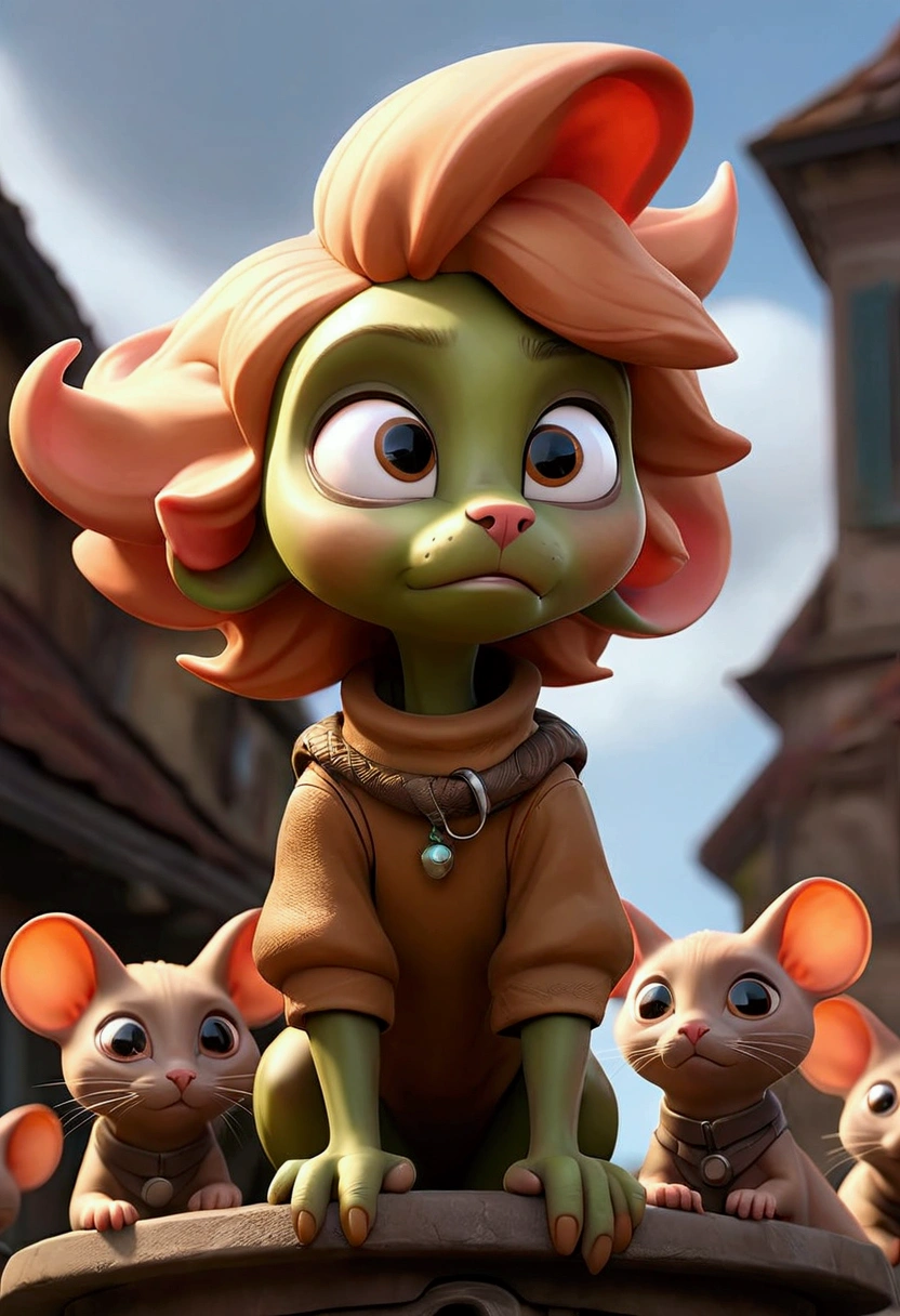 As dawn breaks over the town, the sky begins to lighten with soft hues of pink and orange. The aftermath of the battle is evident—alien rats retreat into their glowing spacecrafts, which are now damaged and sparking, as they take off into the sky. Moka, the orange-furred cat, stands victorious in the middle of the town square, surrounded by her fellow animals. The once chaotic scene is now calm, with the alien threat fading away into the distance. Town residents begin to emerge from their homes, cautiously stepping outside, and a sense of relief and gratitude fills the air as they cheer for Moka and her brave companions.