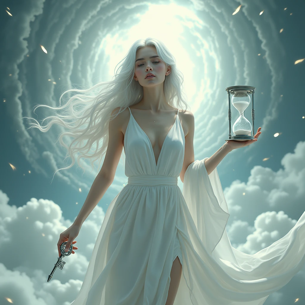A woman with long white hair,she will be wearing a white dress,I want her to be a goddess and she will hold an hourglass in one hand and a silver key in the other hand.,I want the background to be something that reminds me of time and the concept of the hourglass.,I want something iconic and it would be with a tear on her face,She will be beautiful like a model