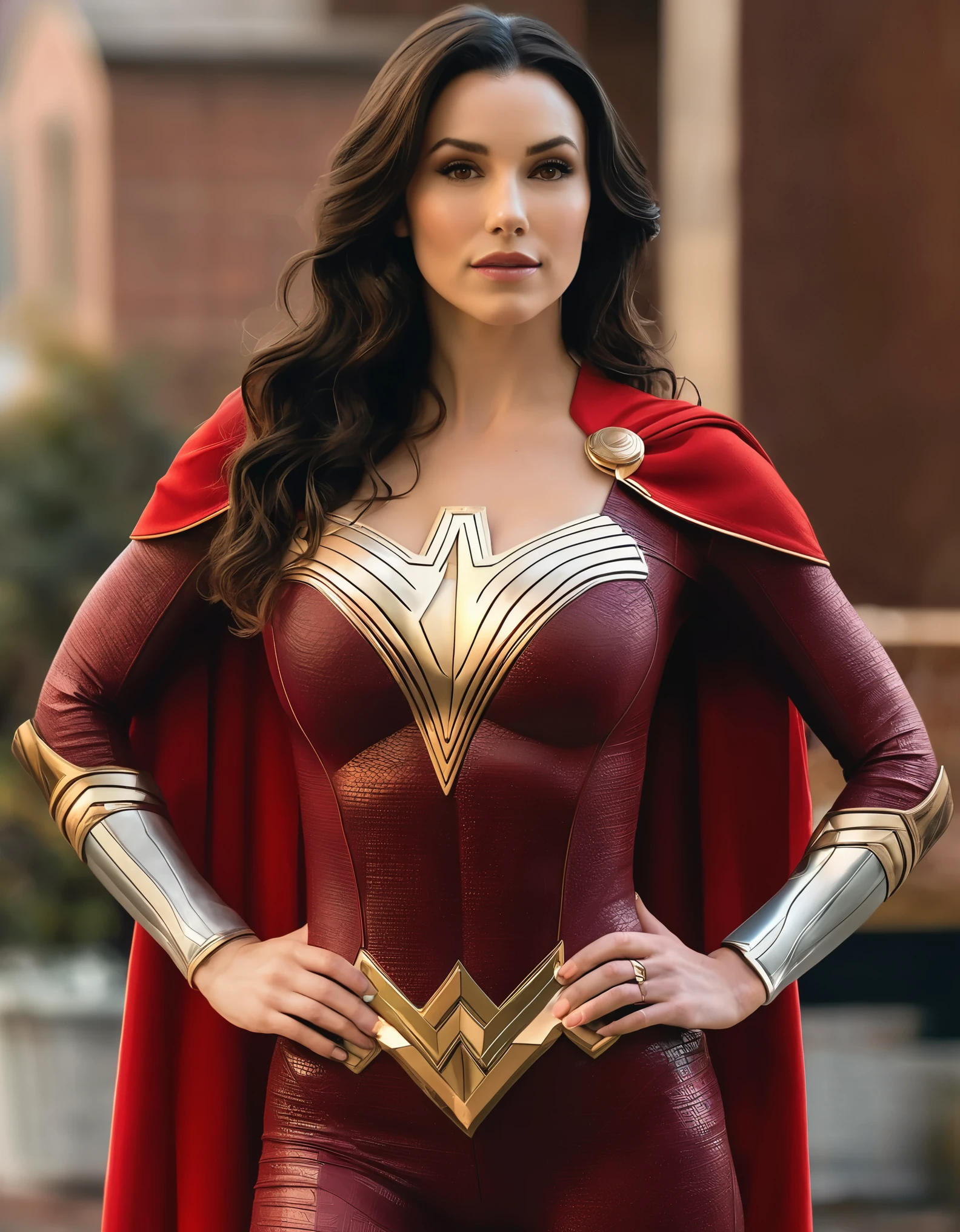 professional portrait photo of Grccrlncrry woman, looking at the camera, Revealing Busty outfit with cleavage and skin tight costume. Curvaceous figure, large breasts. Showing cleavage, highly detailed, skin texture, cosplaying as Mary Marvel of the DC universe of comics.
