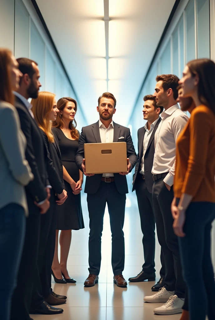 Create an image where a group of people are participating in an employment dynamic, and a recruiter in the middle of the group is holding a closed cardboard box