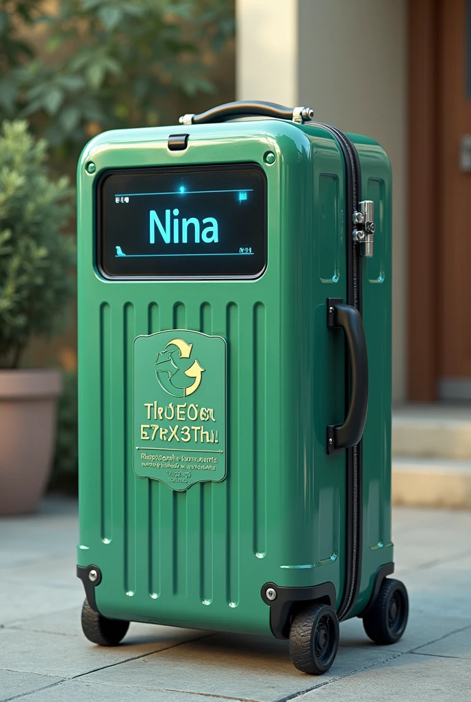 Imagine a trash can that analyzes waste and gives tickets based on that., with digital display,in the shape of a suitcase and with the name Nina, easy to make by a student
