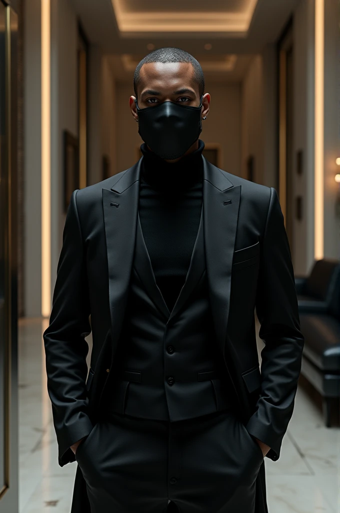 A man with mulatto skin, wearing a black surgical mask and a black gothic jacket, inside your modern mansion