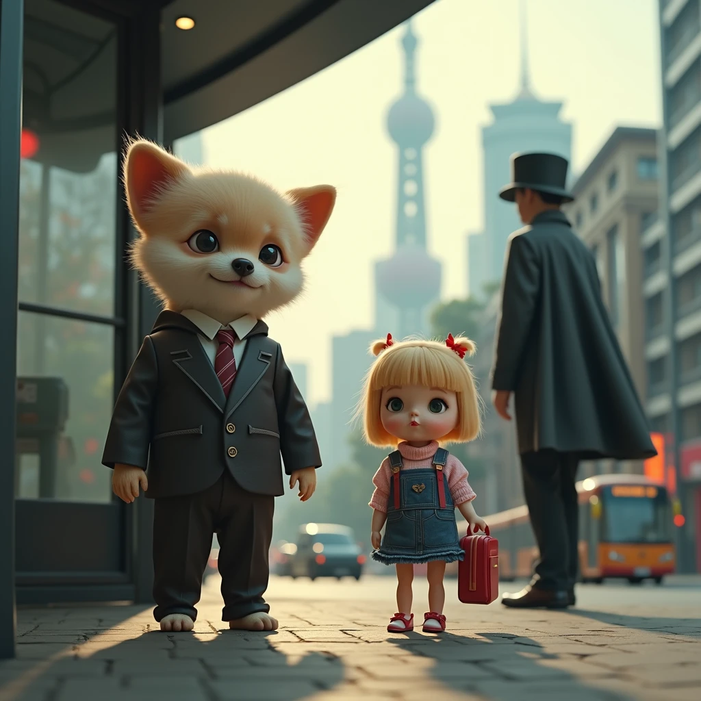 Shanghai，35mm lens，Multiple Angles，Cat，personification，return，~ side，silhouette，Overhead Shot，chiwawa dog，Are standing，doll，Carrying a small school bag，bus stop，Shanghai， Cape,Nguyen Gia,suit,tie, (Delicate face), (High-quality fluffy fur)，（35mm cinema lenses），（Multi-angle shooting），（Wide range of angles）