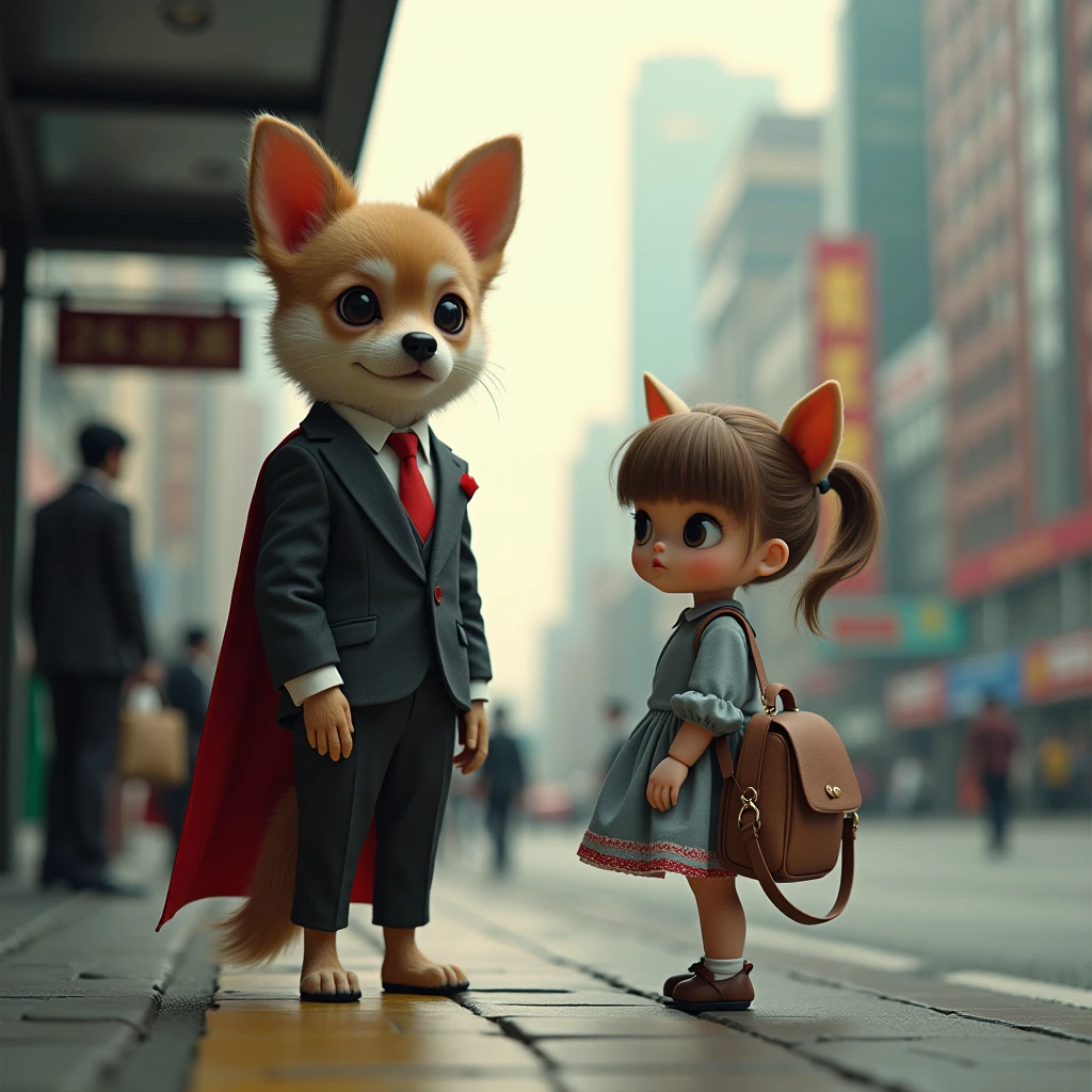 Shanghai，35mm lens，Multiple Angles，Cat，personification，return，~ side，silhouette，Overhead Shot，chiwawa dog，Are standing，doll，Carrying a small school bag，bus stop，Shanghai， Cape,Nguyen Gia,suit,tie, (Delicate face), (High-quality fluffy fur)，（35mm cinema lenses），（Multi-angle shooting），（Wide range of angles）