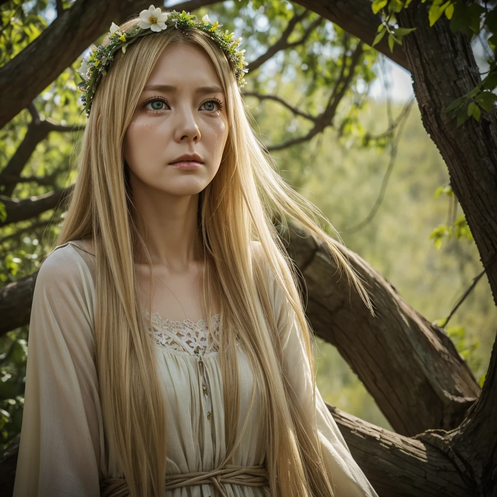 Caucasian woman looking up at the ceiling and crying。Age 35。blonde。Straight Hair。Long Hair。Green Eyes。Sad expression。Wearing a dirty tunic。withered flower crown。Background dead tree and cracked earth。