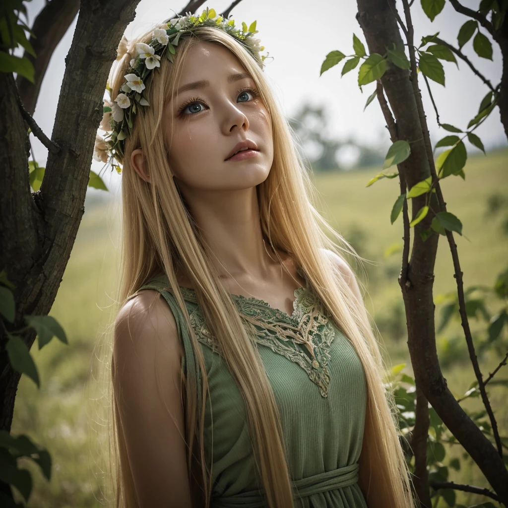Caucasian woman looking up at the ceiling and crying。Age 35。blonde。Straight Hair。Long Hair。Green Eyes。Sad expression。Wearing a dirty tunic。withered flower crown。Background dead tree and cracked earth。