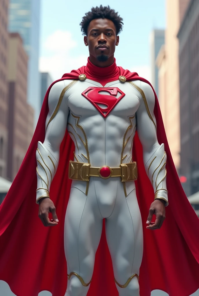 A young African American man is not a muscle, he is a Marvel superhero, his suit is white with a red cape and mask 
