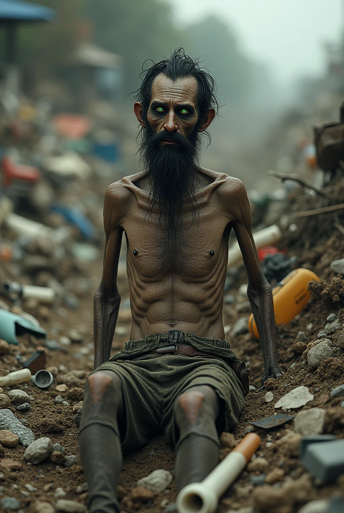 A tall man, skinny man with white skin blackened by the sun, dark green eyes and a black beard dying on a garbage dump