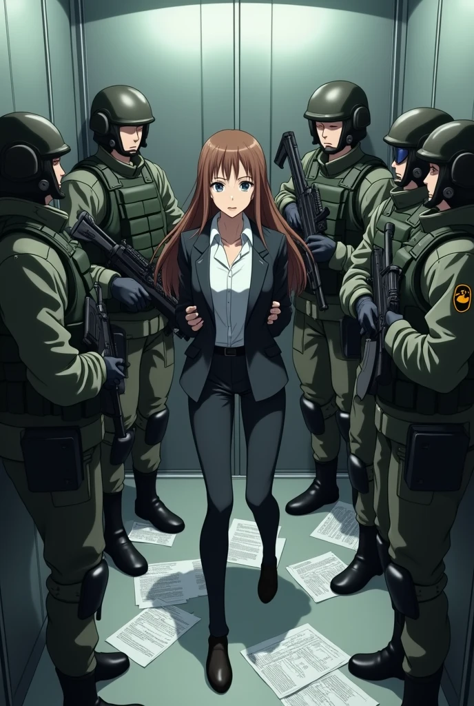Anime office worker with paperworks long brown hair lady really stuck in elevator no space with anime fully covered 7 soldiers cod men