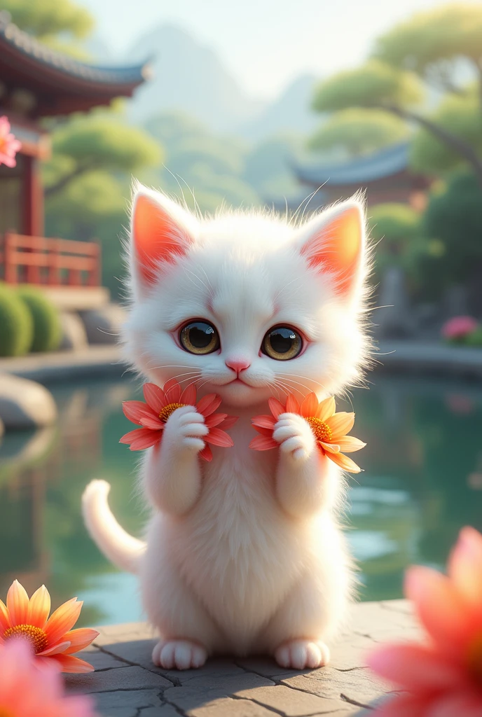 Un petit chaton blanc debout face à l'avant, les pattes avant levées。De grands yeux mignons, expression humaine。Une tête légèrement plus grosse que le corps。les membres sont courts。
habillé de fleurs。Texture brillante。fond japonais。Jardins japonais。