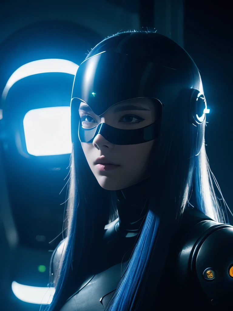 A beautiful girl with long blue hair wearing a black bodysuit, blue gloves, and a futuristic helmet, her face partially obscured by a mask, 1girl, detailed portrait, hyperrealistic, 8k, highly detailed, photorealistic, cinematic lighting, dramatic colors, sci-fi, cyberpunk