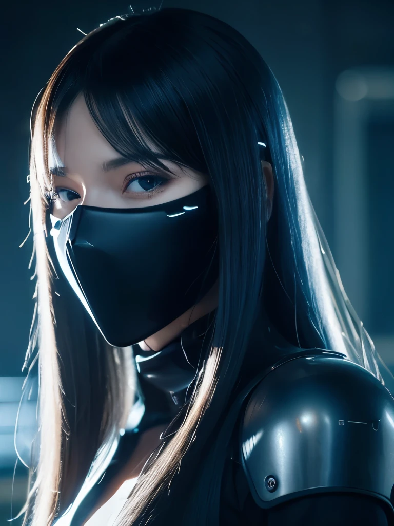 A beautiful girl with long blue hair wearing a black bodysuit, blue gloves, and a futuristic helmet, her face partially obscured by a mask, 1girl, detailed portrait, hyperrealistic, 8k, highly detailed, photorealistic, cinematic lighting, dramatic colors, sci-fi, cyberpunk