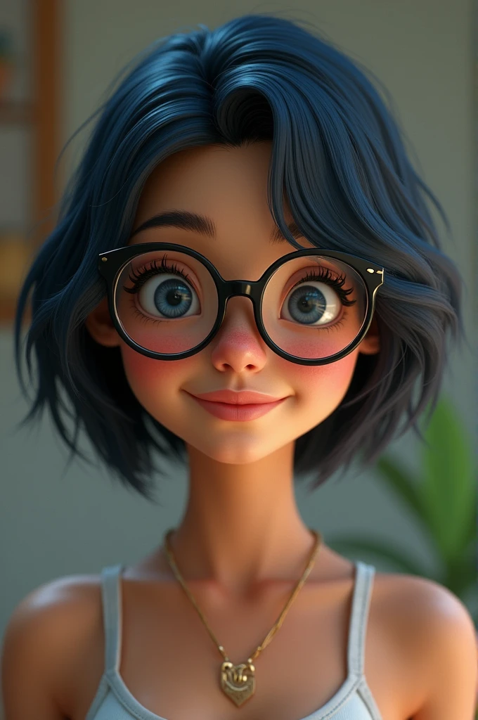 mexican girl, with bob cut blue-black hair thin and small lips, small almond-shaped eyes, big ball nose, oval face with glasses and pimples, brown skin tone, that weighs 70kg