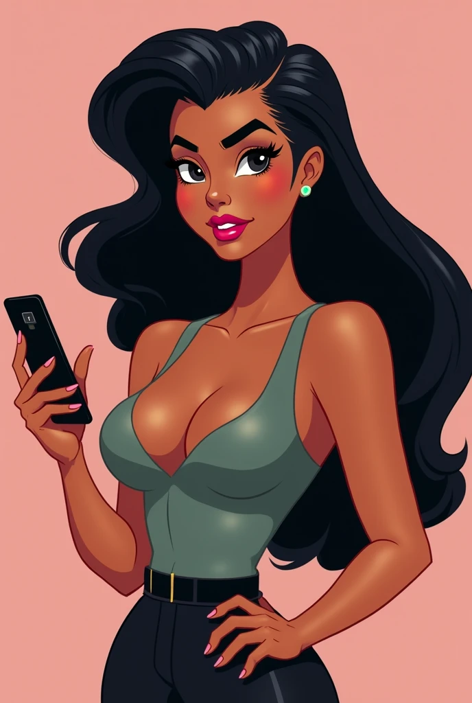 woman with long black power hair and blacks , long hair, thick and pink lips, dark shaped eyes, broad face, woman with cell phone in hand, styled, Disney movies