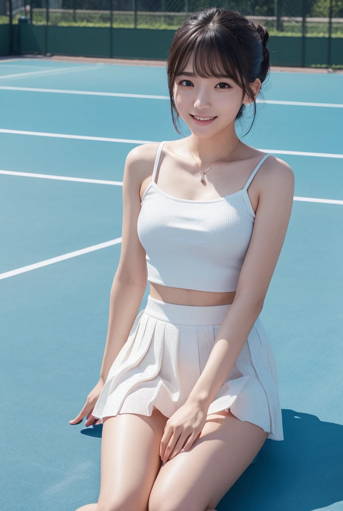 Cute Japanese  Idol、Sitting on a tennis court、Tennis underskirt、White thin tube top uniform、The strong wind is blowing her skirt up、High resolution, masterpiece, Accurate, Anatomically correct, number々Awards for, 最高quality, Attention to detail, High resolutionモデル, 高quality, quality, Very detailed, Textured skin, 超High resolution, Shortcuts, smile, Valletta, 8k octane, 3D Rendering, 