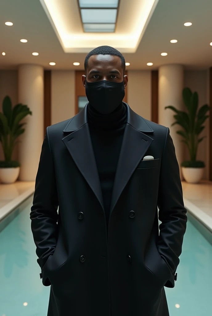 A man with mulatto skin, wearing a black surgical mask and a black jacket, inside your modern mansion