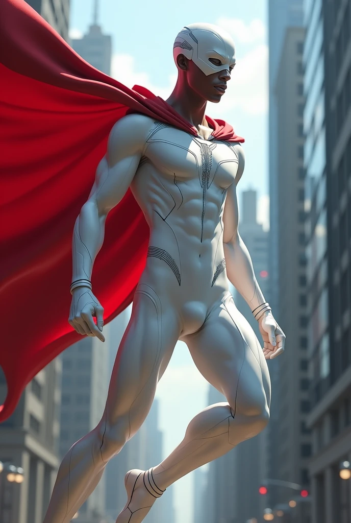 A young, thin African American man who is a Marvel superhero. His suit is white with a red cape and a white mask.
