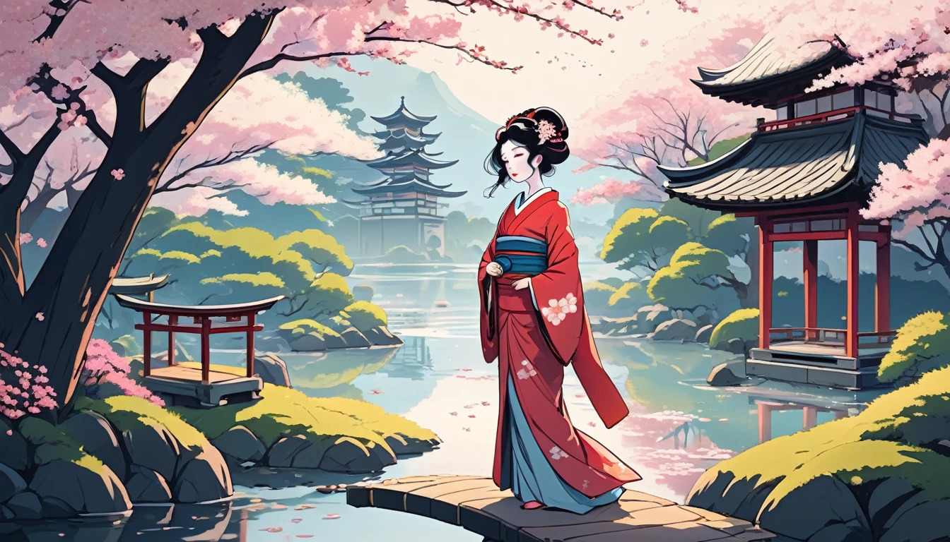 geisha、The background is cherry blossoms and a Japanese garden、Wide-angle lens, Lofi Anime, Lofi illustration, Aesthetic atmosphere, Lo-Fi Style, Vector art, Flat Design, Simple shape, Warm tones, Pleasant atmosphere, Chill, In anime style, Digital drawing, Vector art, Vector logo for t-shirt printing, (Adorable:1.5), (small:1.4), (Playful:1.2), (soft:1.3), (Whimsical:1.1), masterpiece, Highest quality, 8k, Intricate details, grow, Celestial, Mysterious, Picturesque, amazing, Majestic, Magic, Fantasy art, Cover art, dream-like