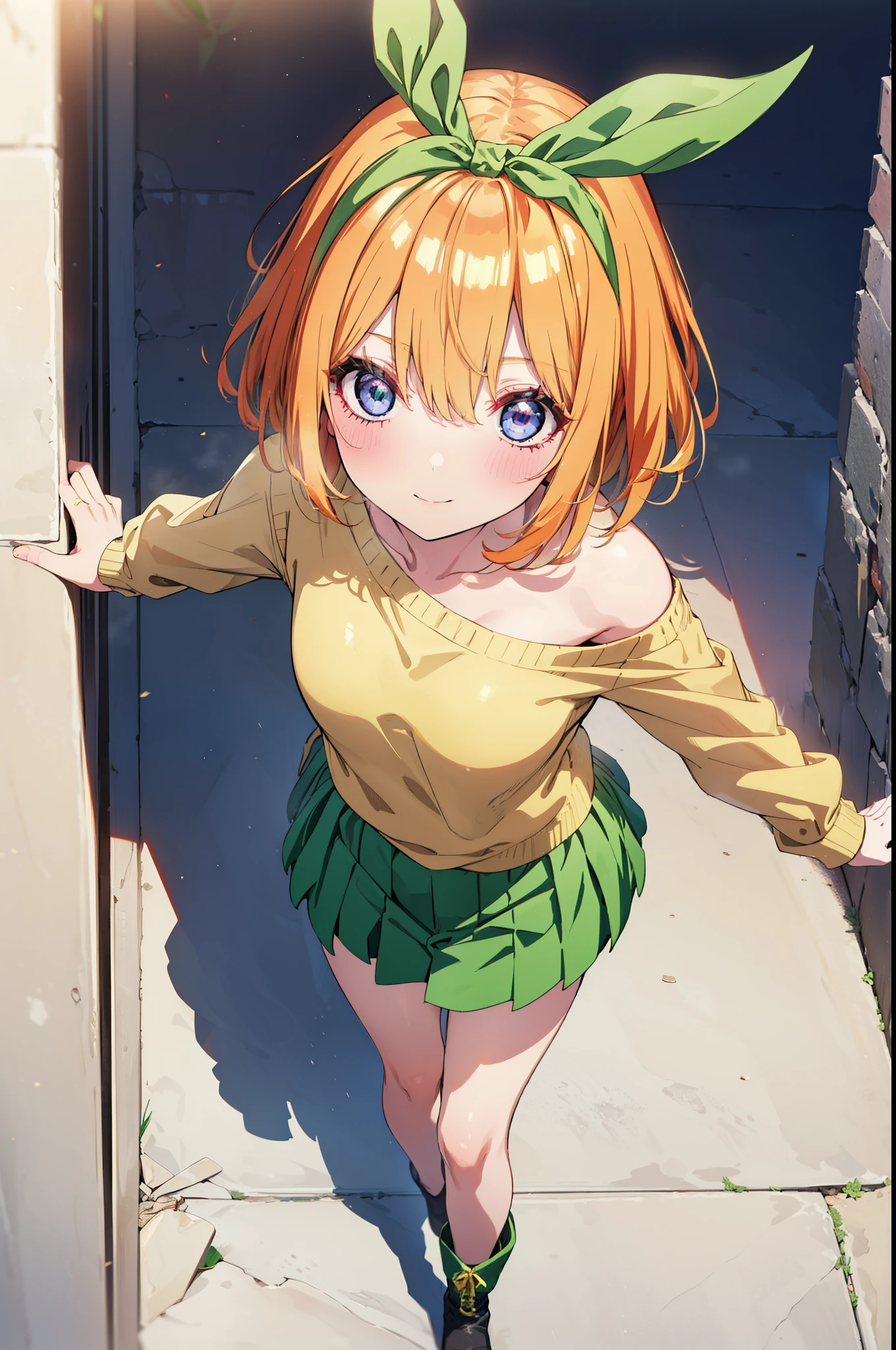 Yotsubanakano, Fourth floor Nakano, bangs, short hair, blue eyes, Hair between the eyes, hair ribbon, hair band, Orange Hair, (Green ribbon:1.5), smile, Close your mouth,blush,
Green one-shoulder sweater,mini skirt,Black pantyhose,short boots,Walking,morning,morning陽,The sun is rising,On the way to school,whole bodyがイラストに入るように, break looking at viewer, whole body, break outdoors,University, School building, break (masterpiece:1.2), Highest quality, High resolution, unity 8k wallpaper, (shape:0.8), (Beautiful attention to detail:1.6), Highly detailed face, Perfect lighting, Highly detailed CG, (Perfect hands, Perfect Anatomy),