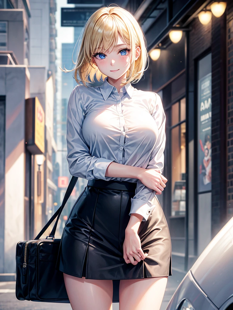 Anime style, super fine illustration, highly detailed, beautiful detailed, pale tone image, static representation, gentle expression, happy expression, 8k, pretty 1girl with blonde straight short hair & blue eyes & a bright smile & full bust & soft fair skin is wearing big white business shirt not to show her skin & black tight skirt & 1business bag, on the business building morning street, in the morning, brilliant particles of lights, happy stories, solo, perfect fingers, perfect arms, perfect legs, masterpiece.