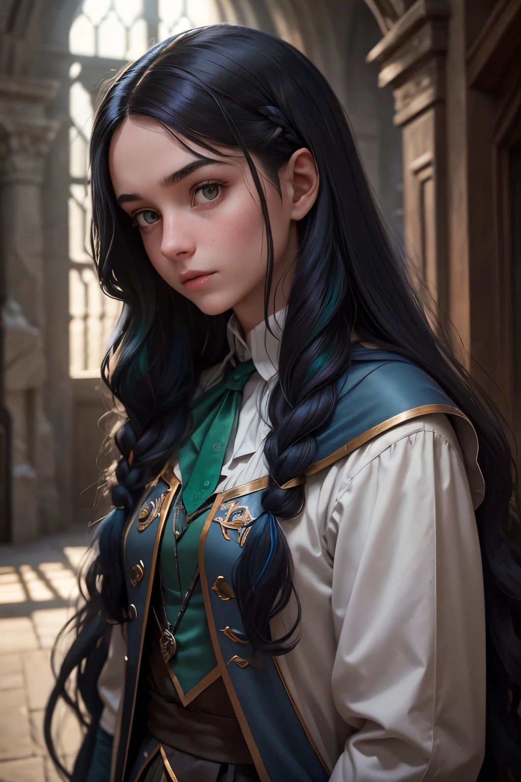 adolescent, 15 years, Long wavy black hair with a blue streak, grey eyes, White skin, parts, magical world, Hogwarts, Slytherin, Full uniform, The Noble and Most Ancient House of Black, Weirdsister College, Hija de Ethel Hallow, Nick Hobbes&#39; daughter, dark magic, potions, Realistic style, Best Quality, HD.