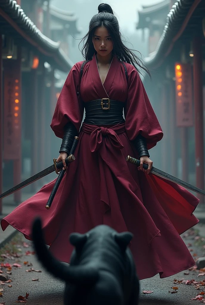 Black stray dog, burgundy samurai dress with drawn swords and female face
