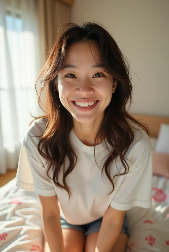 Selfie style。Young Japan woman with fair skin。Smiling。In the background is a bed in a T-shirt and shorts。Soft morning light。