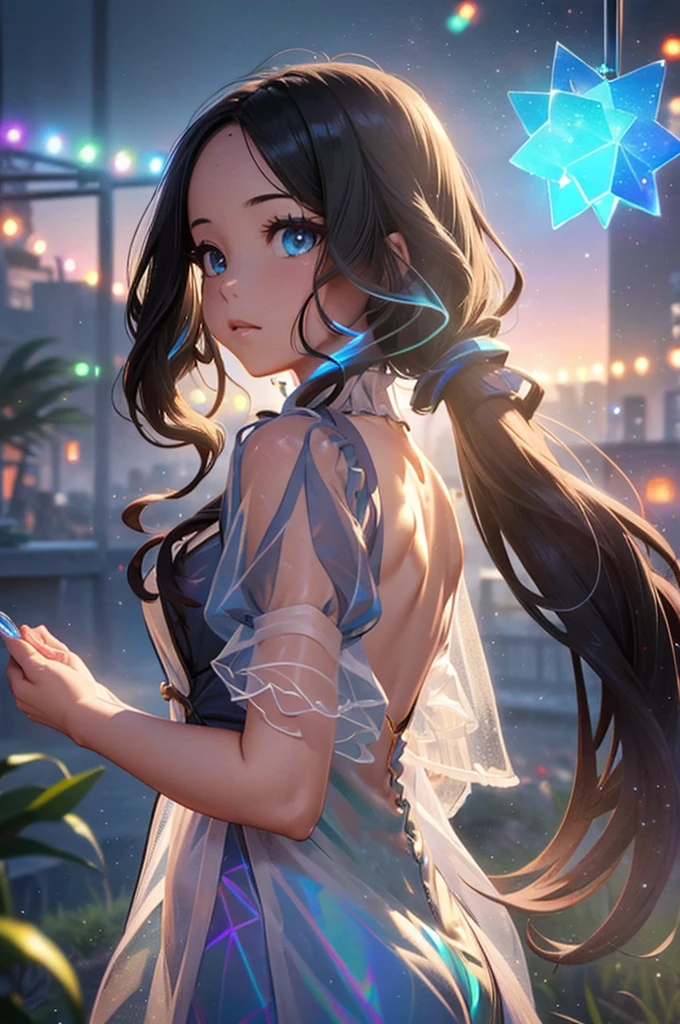 (Holographic Art:1.2)、masterpiece、Highest quality、whole body、One Girl (((Glass-like translucent and reflective dress))) 、Neon color background、Halation，Surreal、High resolution、detailed、Soft Focus、Delicate facial features、Perfect Eyes、Sharp pupils、Surprised expression、Written boundary depth、Bokeh、Sharp Focus、Long twin tails、Hair ornaments are sharp、Green light、Big soap bubble、Lighting by world-class AI creators