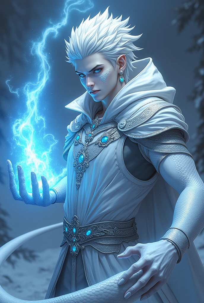 dnd, dungeons and dragons, snake man, normal round human ears, serpent, snake guy, sorcerer, slender, ice magic, cold magic, magic, casting a spell, solo, single person, portrait, action pose, pale white skin, symmetrical silver snake scales on face, white lizard scales on cheeks, medium spiky white hair, light blue snake eyes, reptile eyes, handsome, male, anime, comic, graphic novel, ornate silver robes with hood, silver jewelry with blue gems, wealthy, noble, rich, frost magic, ((masterpiece, best quality)), trending artwork