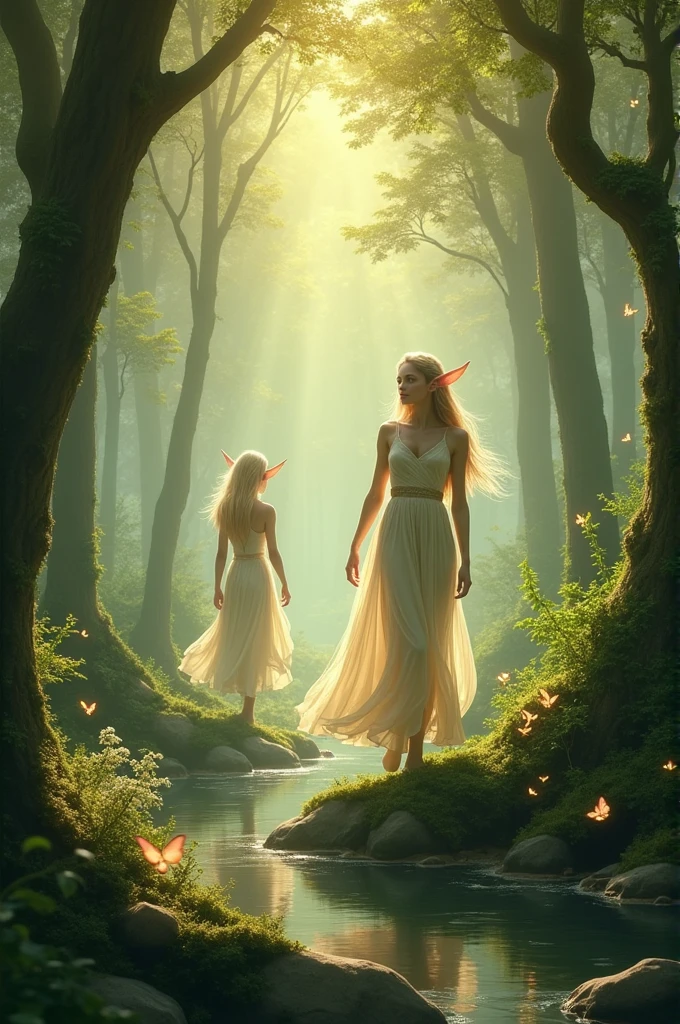 Masterpiece, two beautiful ethereal elf maidens wearing plunging white silk robes, Playboy model body, medium breasts, raining, wet transparent clothes, wet skin, wet hair, (skin texture:1.1), best quality, ultra high res, digital art, realisitc, (Natalie Portman:Katherine Heigl:0.7), fantasy forest background