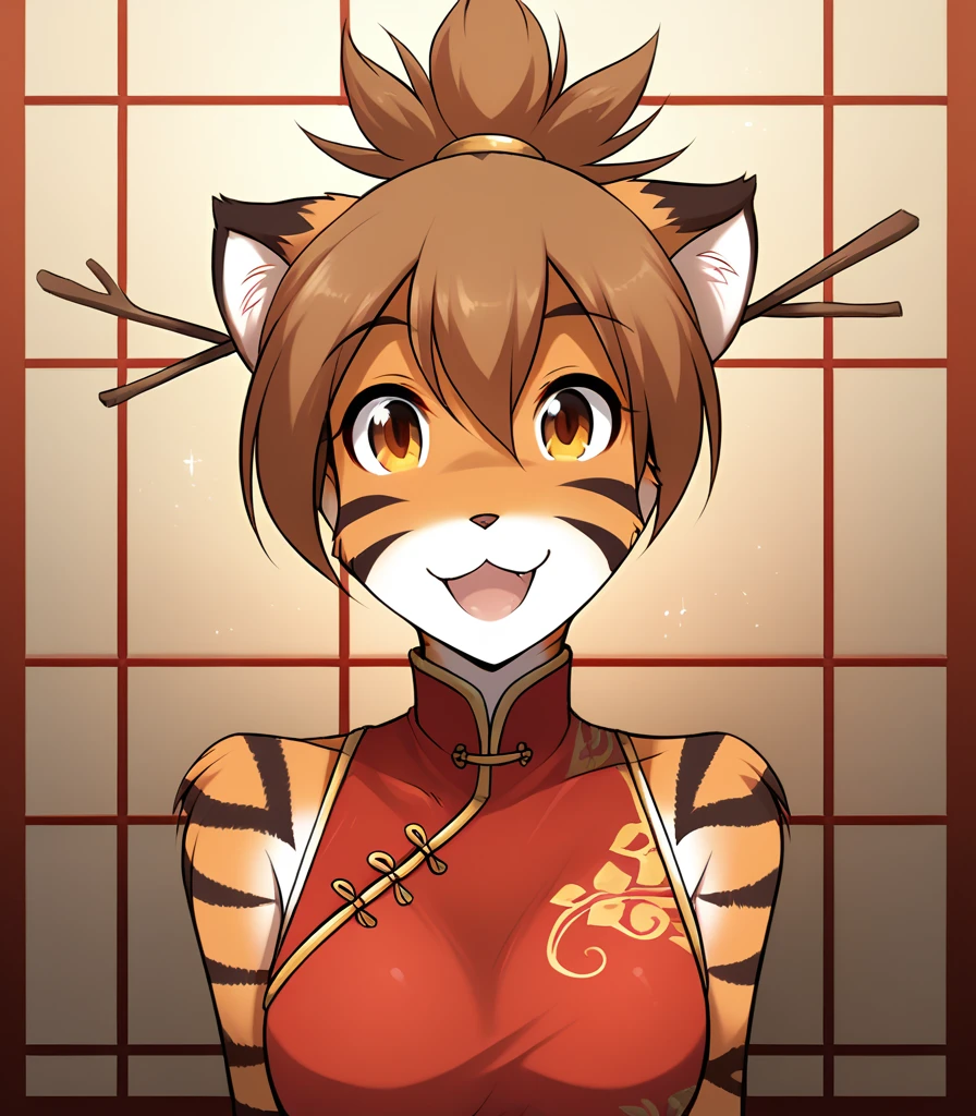 score_9, score_8_up, score_7_up, score_6_up, score_5_up, score_4_up, rating_explicit, source_furry, female, cute anthro female, cute face, detailed background, looking at viewer, solo, solo focus, (no , no vagina:(digital pen line-art, soft lines, soft shading, pinup, cartoon, anime:1.2), tkflora,tiger, striped fur, tiger tail, open smile, muscular body (red Qipao:1.4), (tied hair, hairsticks:1.3), chinise hall